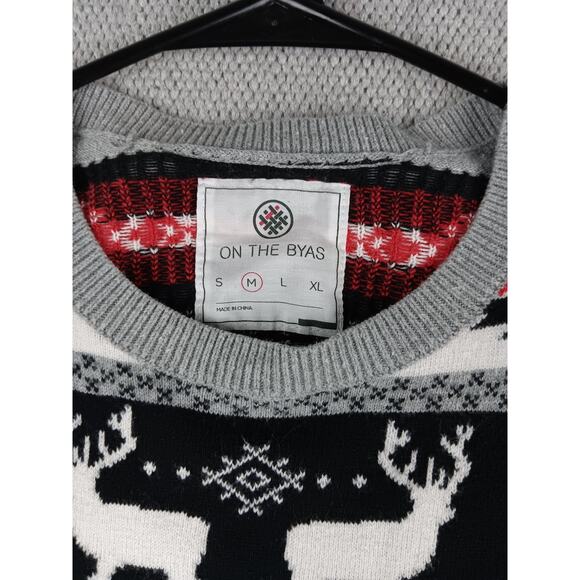 On the Bias Southwest Holiday Sweater Mens Medium Gray Deer Ribbed Long Sleeve - Picture 6 of 14